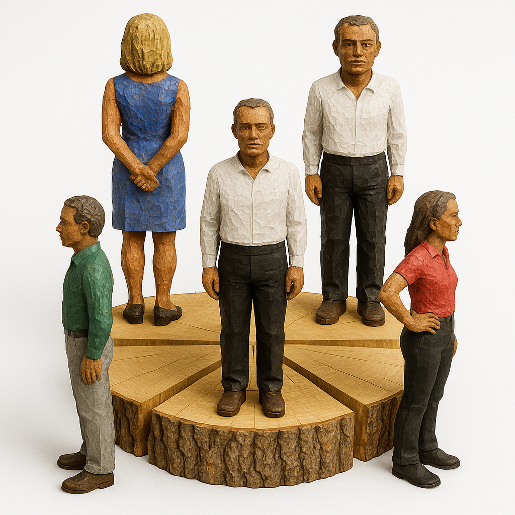 AI-generated group rendering of carved figures on a circular log base