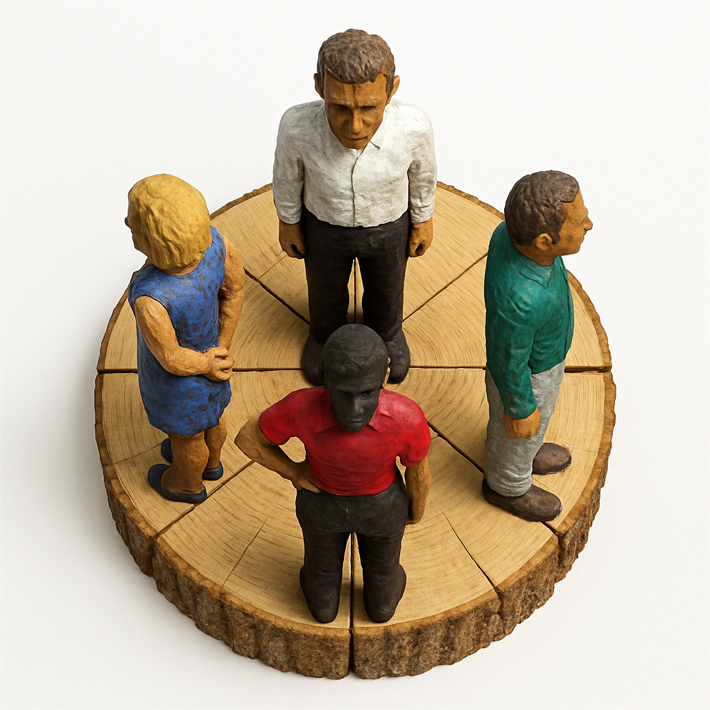 AI-generated top view of four carved figures on divided circular tree trunk base