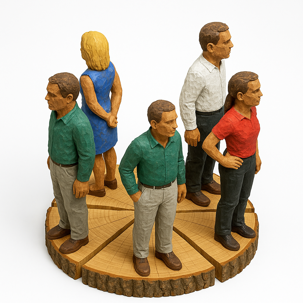 AI-generated scene with duplicated green-shirt figure among carved figures