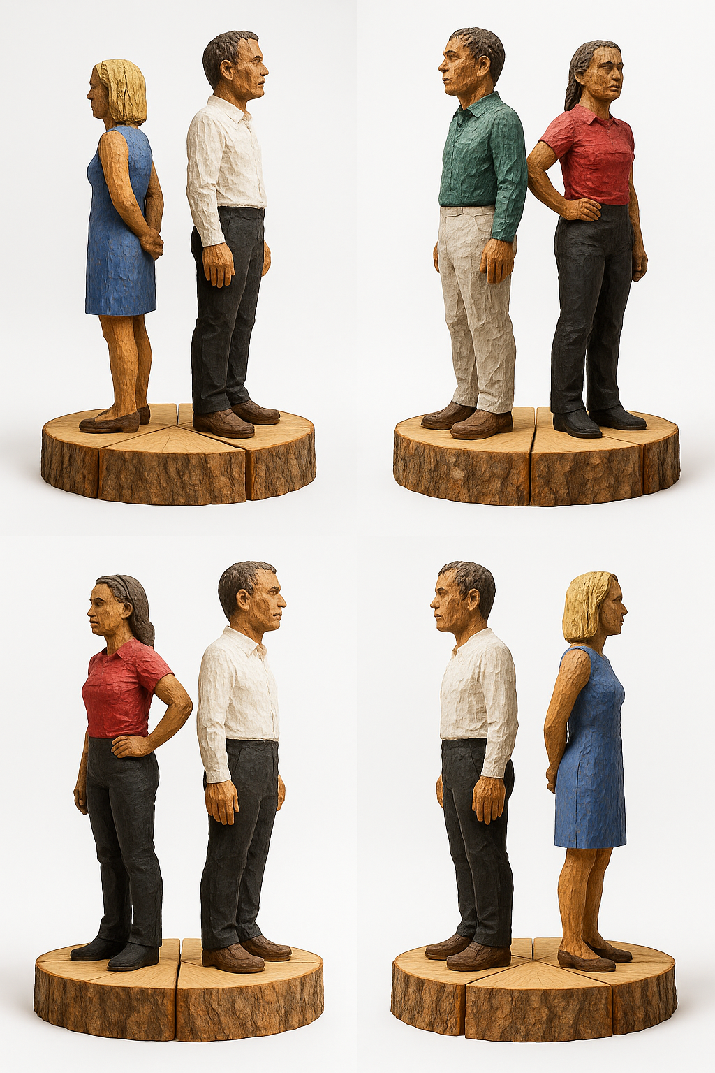 AI-generated composite of side views of carved figures on circular wood base