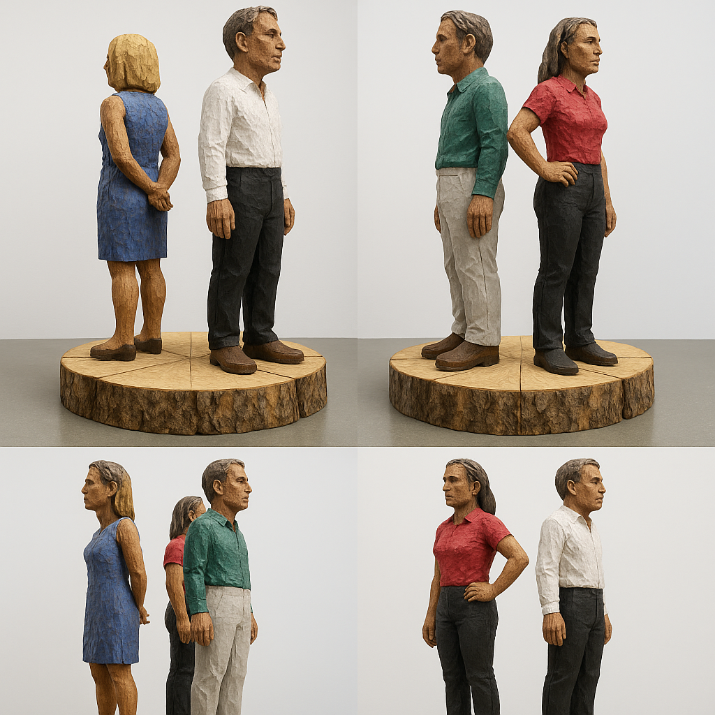 AI-generated grid of side views with figure pairs on wood bases