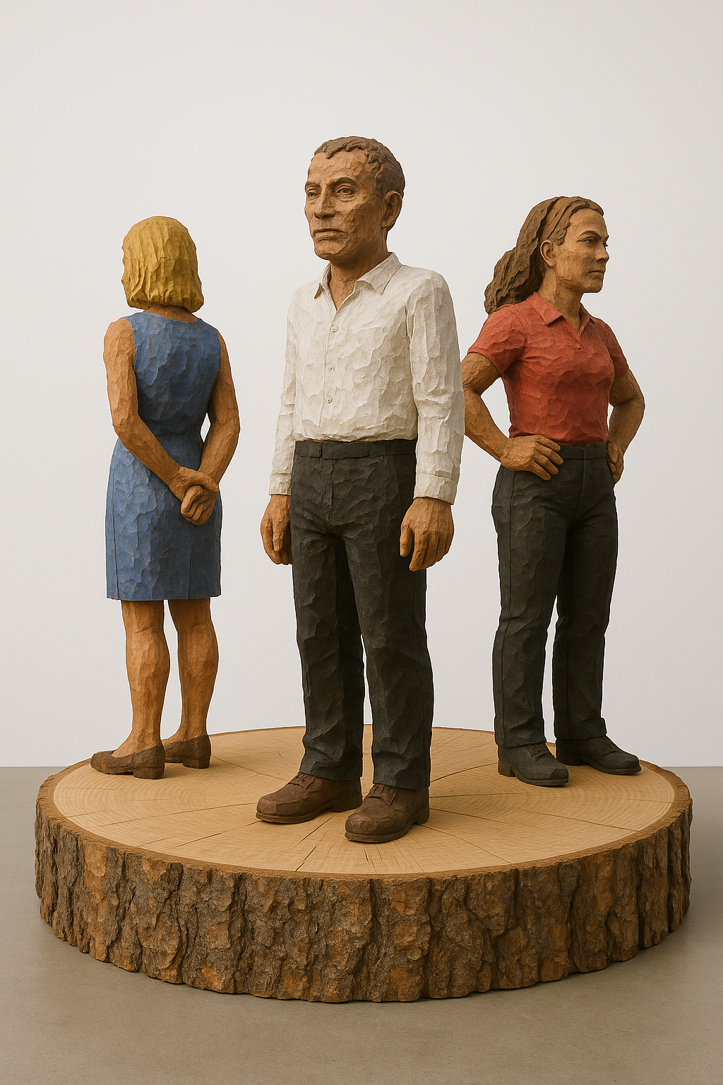 AI-generated three-figure version of the sculpture missing one figure