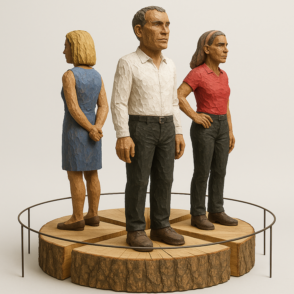 AI-generated rendering with an invented circular railing around the sculpture