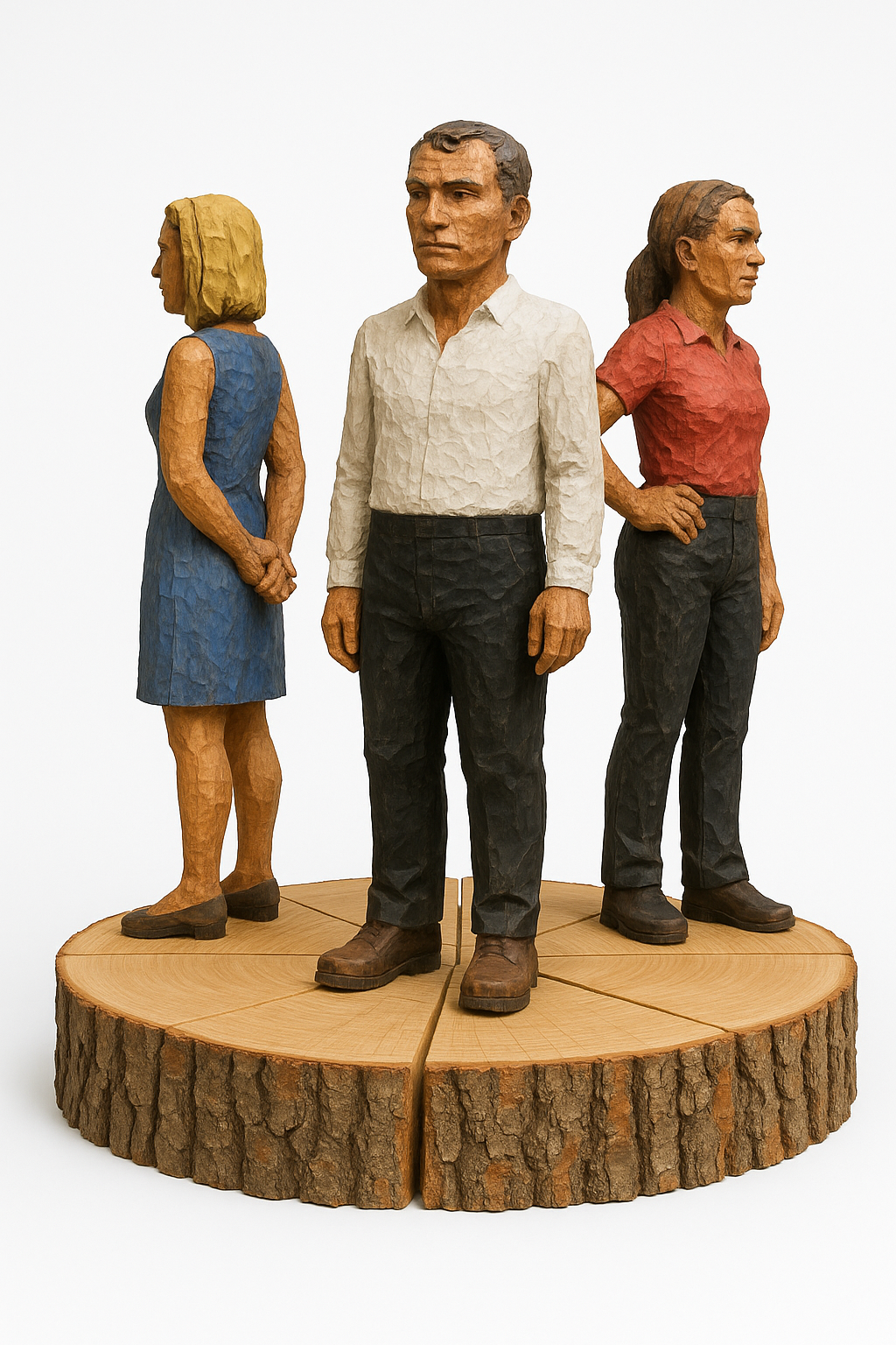 AI-generated near-match rendering of three visible carved figures on circular base